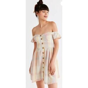 Urban Outfitters Amelie Off-The-Shoulder Button-Down Pastel Plaid Dress Medium